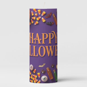 Happy Halloween Flat Lay Greeting on Purple Pillar Candle