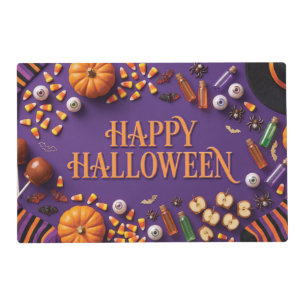 Happy Halloween Flat Lay Greeting on Purple Placemat
