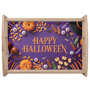 Happy Halloween Flat Lay Greeting on Purple Serving Tray