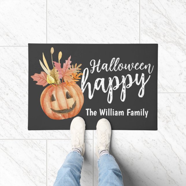 Happy Halloween Floral Pumpkin Personalized Doormat (Indoor)