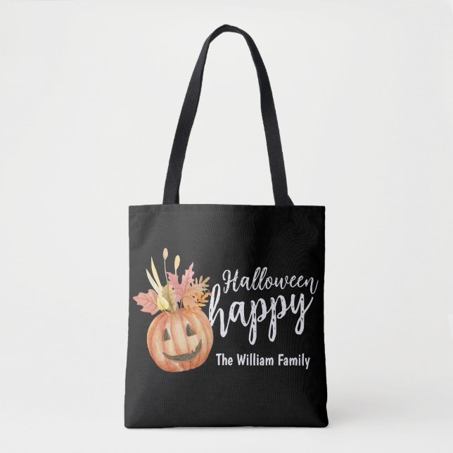 Happy Halloween Floral Pumpkin Personalized Tote Bag (Front)