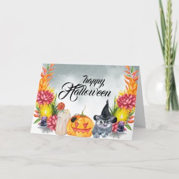 Happy Halloween Floral Witch Kitty & Pumpkin Card by Cosmic_Crow_Designs at Zazzle