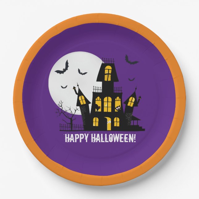Happy Halloween Flying Bats Spooky Haunted House Paper Plates (Front)