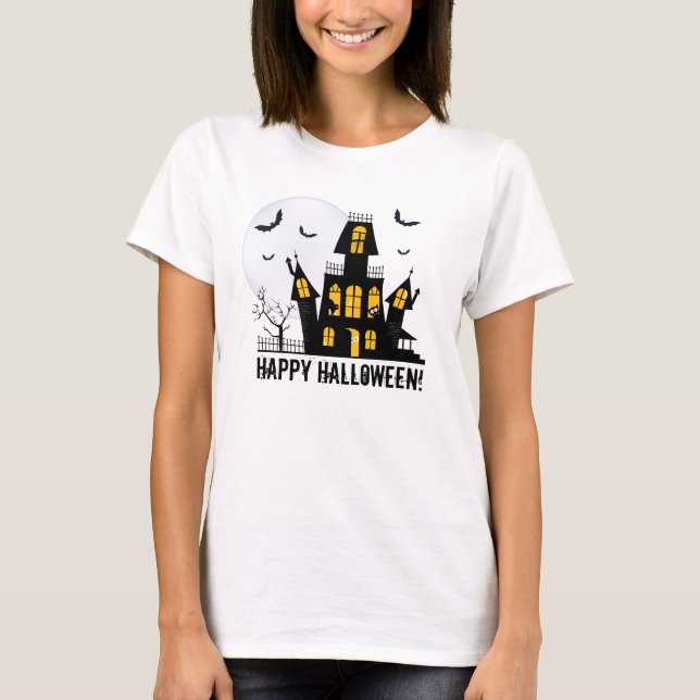 Happy Halloween Flying Bats Spooky Haunted House  T-Shirt (Front)