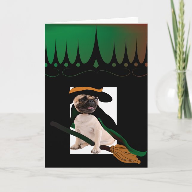 happy halloween flying broom witch pug card (Front)