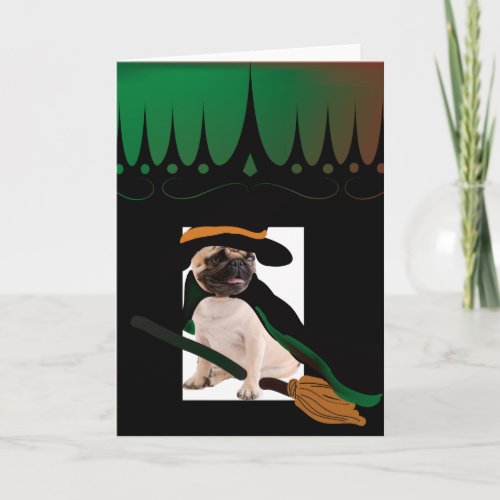 happy halloween flying broom witch pug card