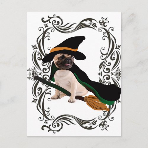 happy halloween flying broom witch pug postcard