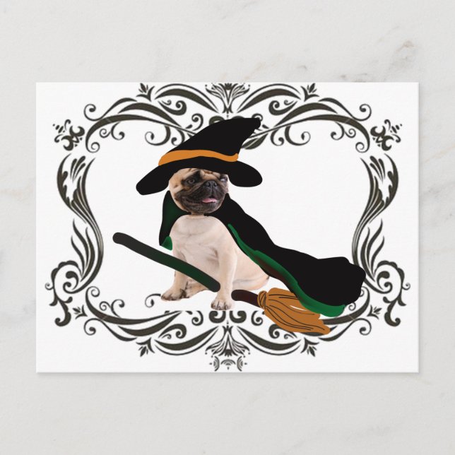 happy halloween flying broom witch pug postcard (Front)