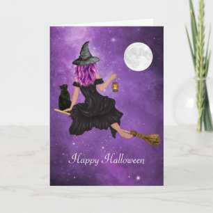 Happy Halloween Flying Magical Witch Card
