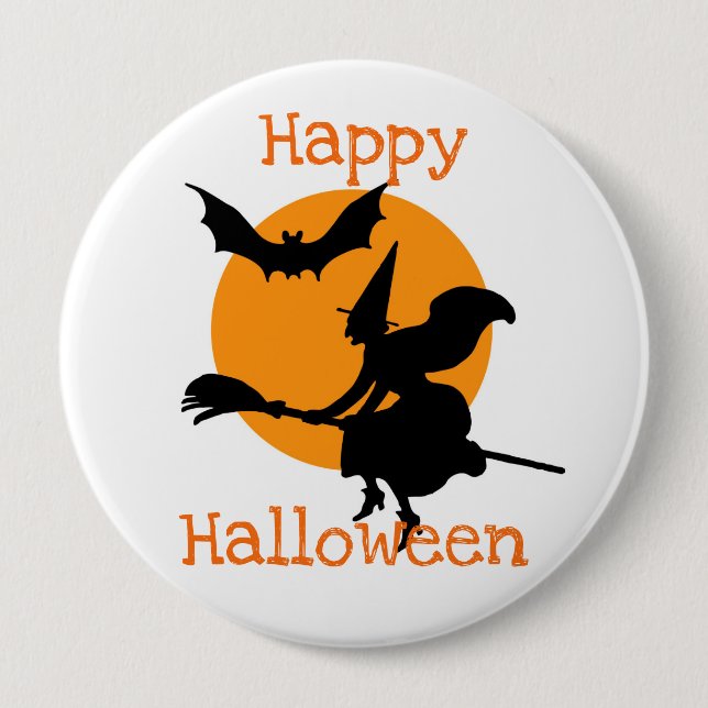 Happy Halloween Flying Witch and Bat Button (Front)