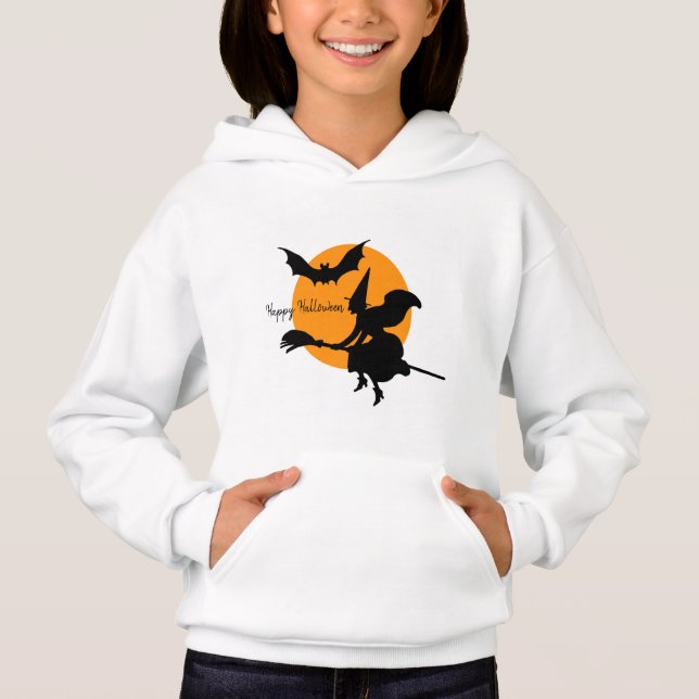 Happy Halloween Flying Witch and Bat Hoodie (Front)