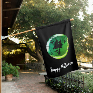 Happy Halloween flying witch full moon custom text House Flag