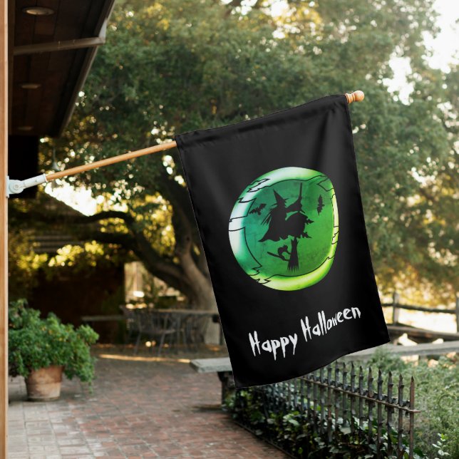 Happy Halloween flying witch full moon custom text House Flag (In SItu)
