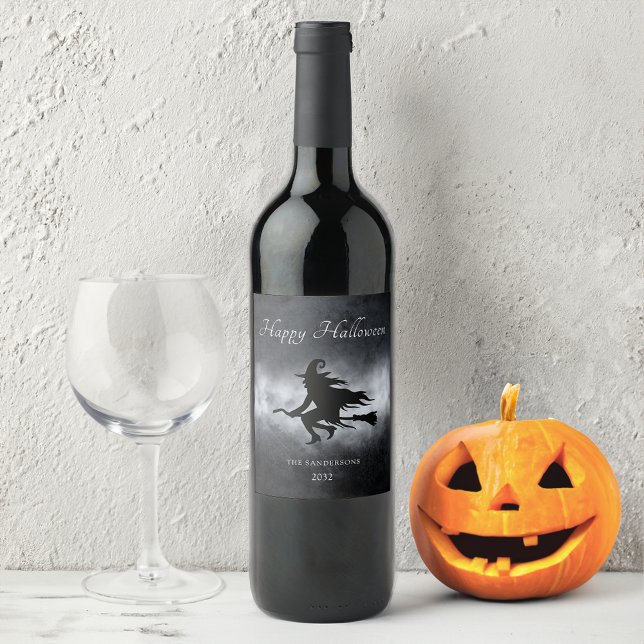 Happy Halloween Flying Witch Personalized   Wine Label (Creator Uploaded)