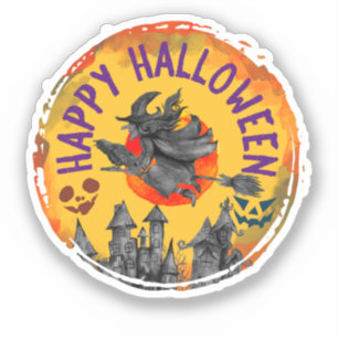 Happy Halloween – Flying Witch, Spooky House Sticker