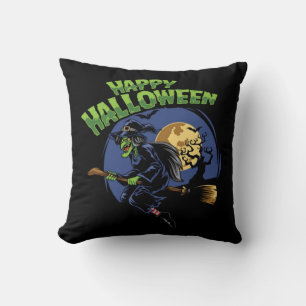 Happy Halloween Flying Witch Throw Pillow