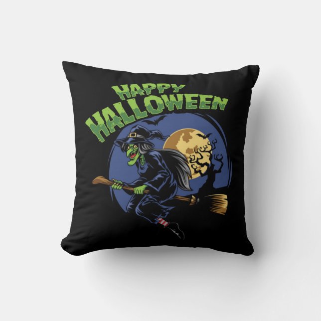 Happy Halloween Flying Witch Throw Pillow (Front)