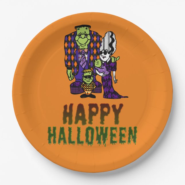Happy Halloween Frankenstein Family Paper Plates (Front)