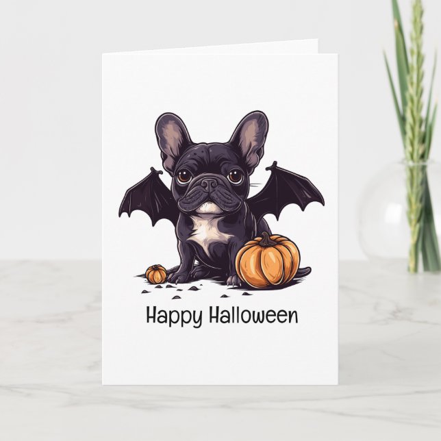 Happy Halloween French Bulldog Bat Wings Pumpkins Card (Front)
