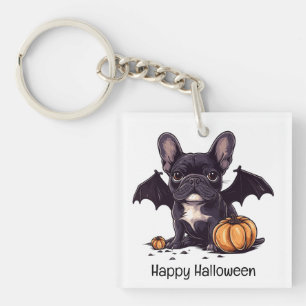 Happy Halloween French Bulldog Bat Wings Pumpkins Keychain