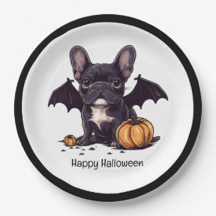 Happy Halloween French Bulldog Bat Wings Pumpkins Paper Plates