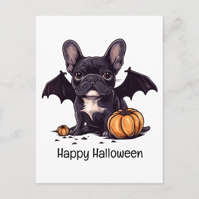 Happy Halloween French Bulldog Bat Wings Pumpkins Postcard (Front)