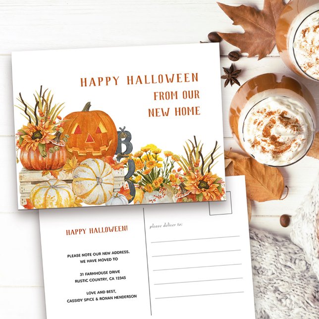Happy Halloween from New Home Rustic Pumpkins Holiday Postcard (New address and Happy Halloween Postcard with rustic fall pumpkins)