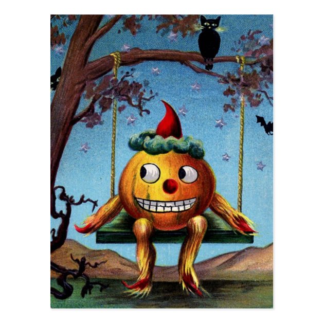 Happy Halloween From Pumpkin On A Swing Postcard