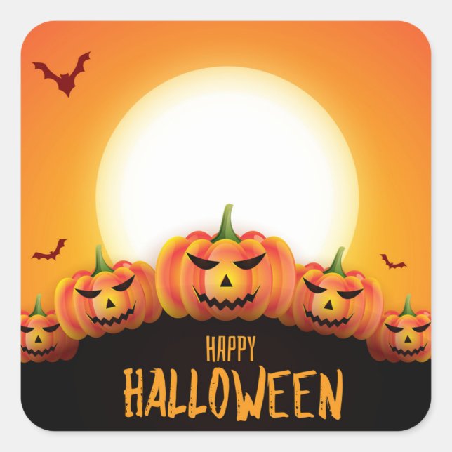 Happy Halloween (Full Moon and Pumpkins) Square Sticker (Front)