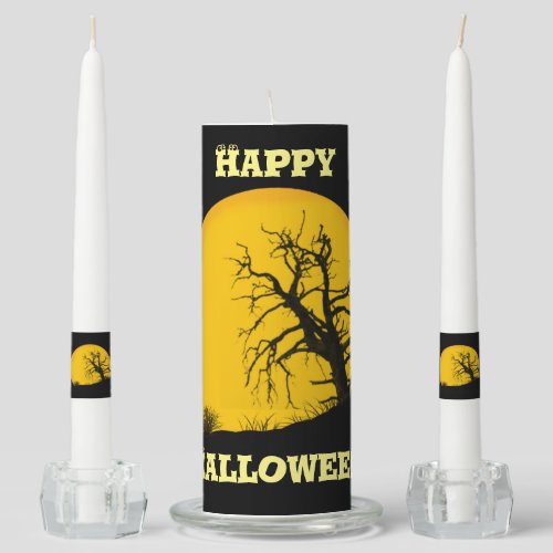 Happy Halloween Full Moon Cats Ghouls Dead Tree  Unity Candle Set