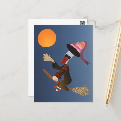 Happy Halloween Full Moon Flying Broom Duck Postcard