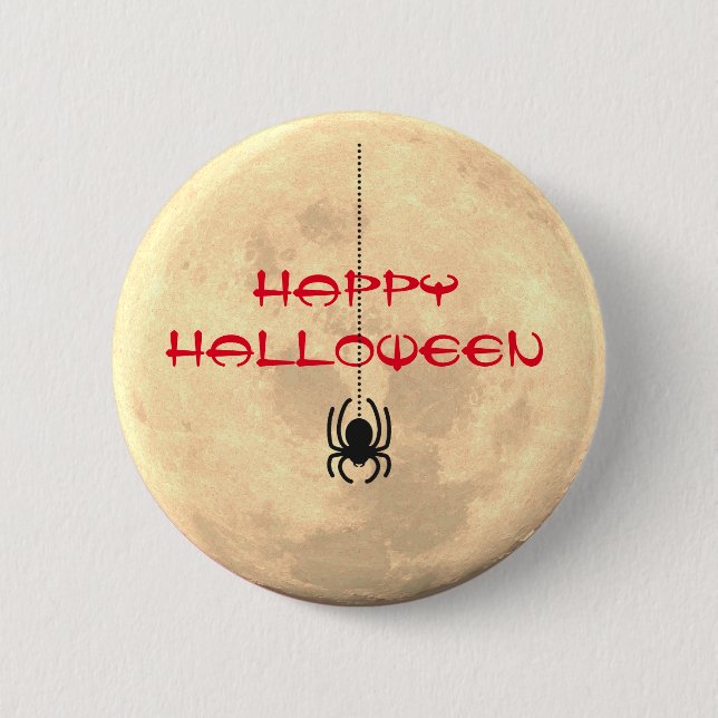 Happy Halloween Full Moon Spider Pin Button (Front)