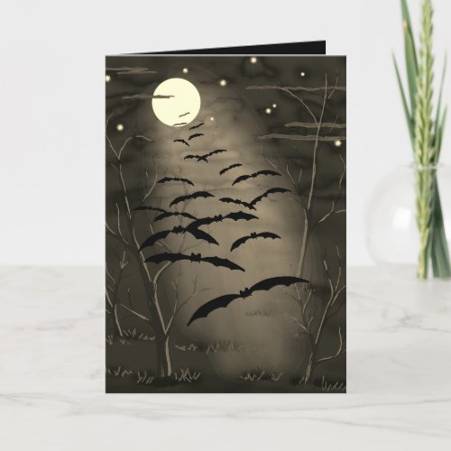 Happy Halloween Full Yellow Moon Bats Vintage Card