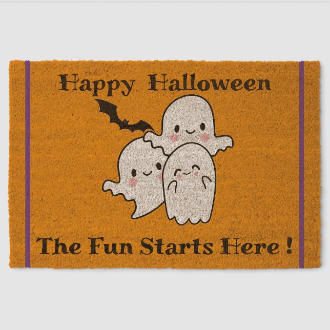 Happy Halloween Fun Ghost Bat Orange Purple Fiber Doormat (Front)