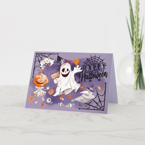 Happy Halloween Fun Ghost Pumpkin Girl Raven Card