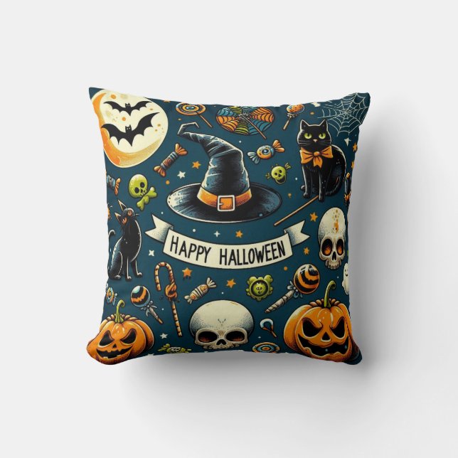 Happy Halloween Fun & Spooky Throw Pillow (Front)