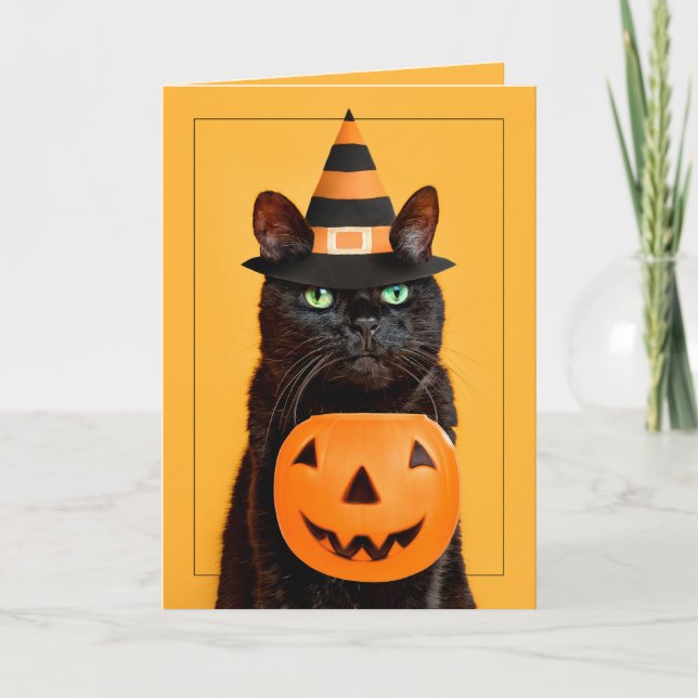 Happy Halloween Funny Black Cat in Witch Hat Holiday Card (Front)
