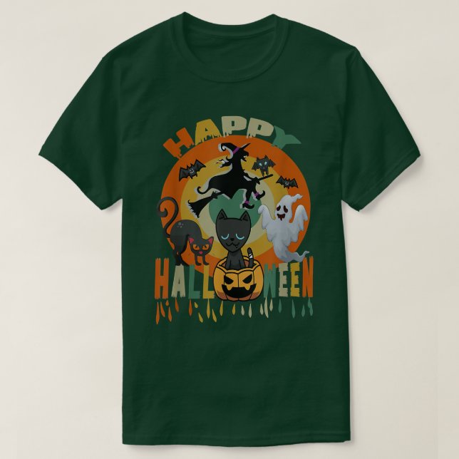 Happy Halloween Funny Black Cat Pumpkin Witch Ghos T-Shirt (Design Front)