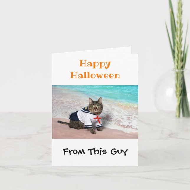 Happy Halloween Funny Humor Cute Cat Costume Photo Card (Front)