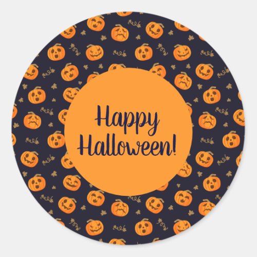 Happy Halloween Funny Orange Pumpkins Pattern Classic Round Sticker