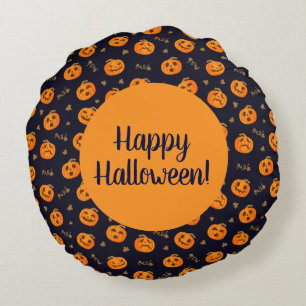 Happy Halloween Funny Orange Pumpkins Pattern Round Pillow