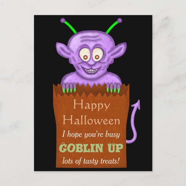 Happy Halloween Funny Purple Goblin Pun Holiday Postcard (Front)