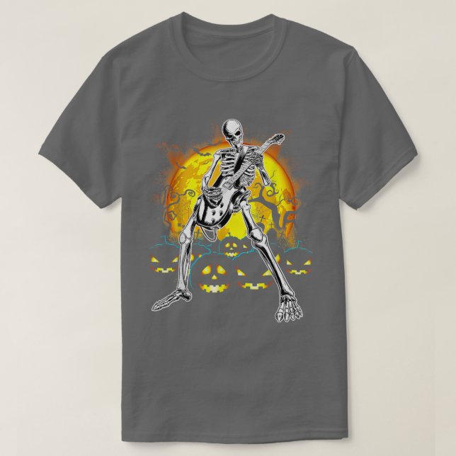 Happy Halloween Funny Skeleton Playing Guitar Pump T-Shirt (Design Front)