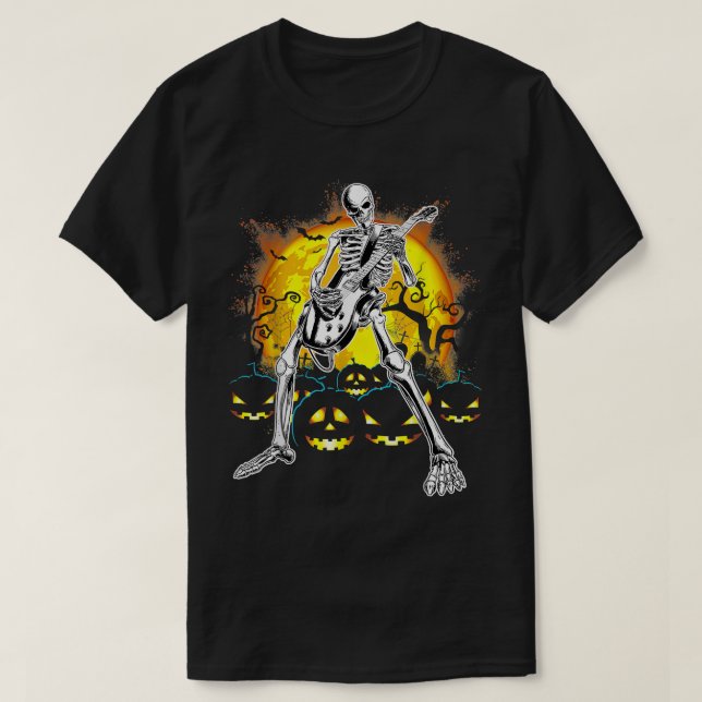 Happy Halloween Funny Skeleton Playing Guitar Pump T-Shirt (Design Front)