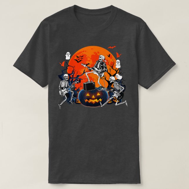 Happy Halloween Funny Skeleton Playing Guitar Pump T-Shirt (Design Front)