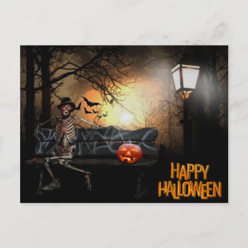 Happy Halloween Funny Spooky Skeleton on the Bench Holiday Postcard