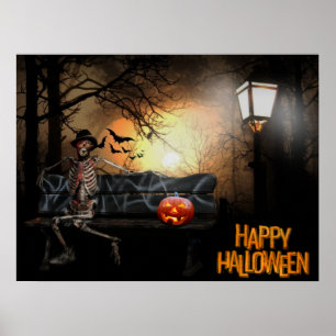 Happy Halloween Funny Spooky Skeleton on the Bench Poster