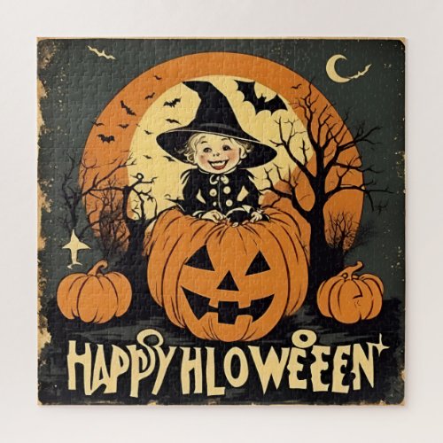 Happy Halloween Funny Vintage Child and Pumpkins  Jigsaw Puzzle