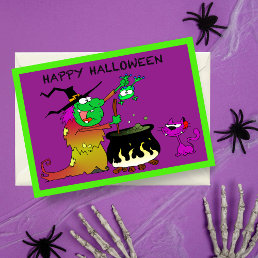 Happy Halloween Funny Witch And Purple Cat Card