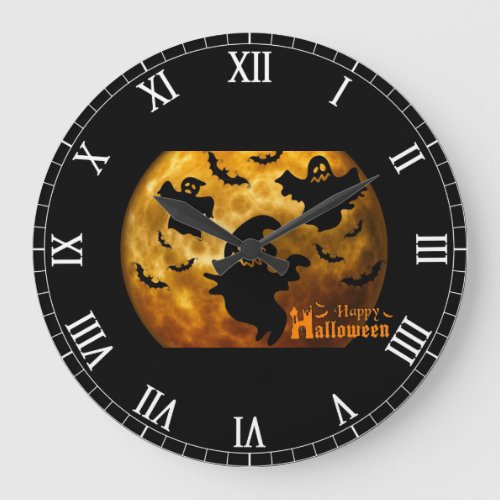 Happy Halloween Ghost and Bats Large Clock